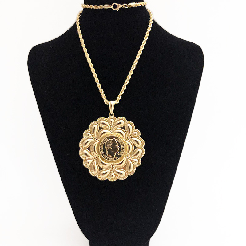

Big Size Dubai Morocco Gold Color Long Pendant Necklace for Women Caftan Round Flower Africa Ethnic Wedding Jewelry Wholesal, As pic