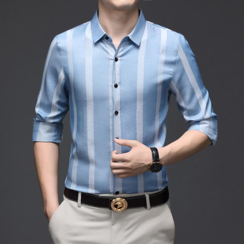 

Trendy Mutil Color Vertical Stripe Shirt Men Purple Elegant Clothing Shirt Long Sleeve Office Business Men Top Big Size, Grey