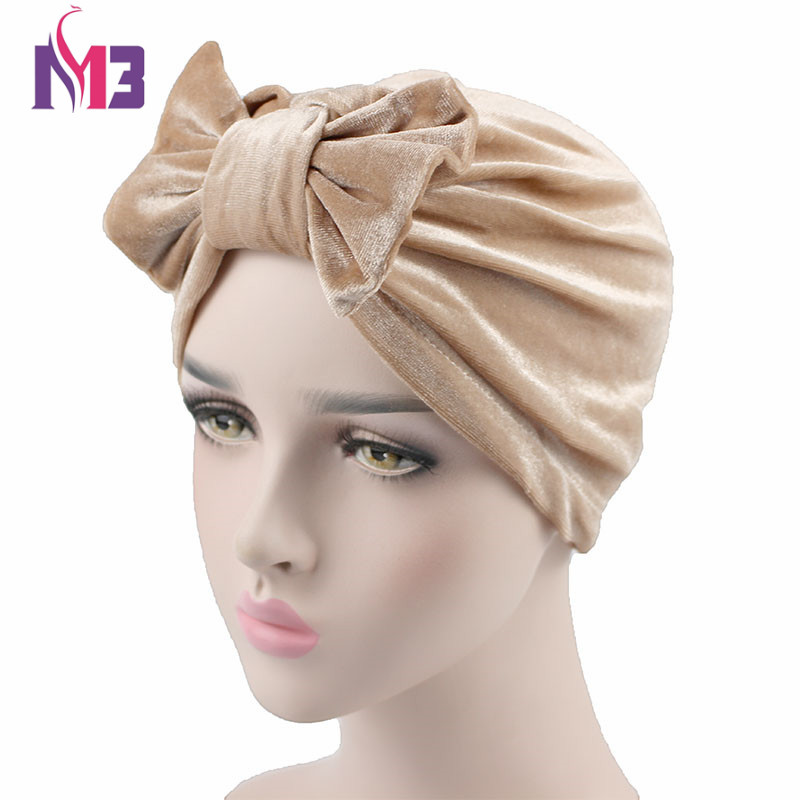 

Fashion Women Velvet Turban Bowknot Turban Hat Soft Headwear Headband Turbante Musilim Hair Accessories