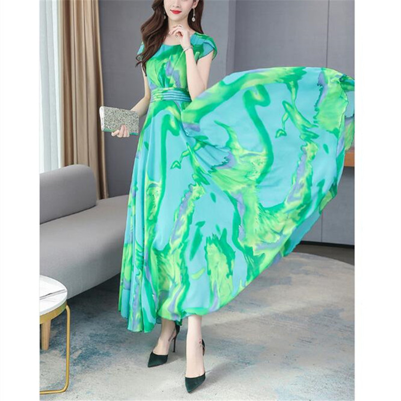 

2020 summer new fashion tank sleeve sweet chiffon dress female temperament lady vacation beach big swing dress, Green
