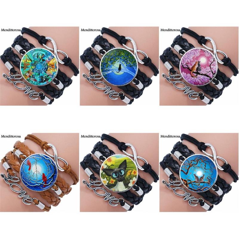 

EJ Glaze For Schoolgirl Maxi Siamese Cat Christmas Jewelry Glass Cabochon Multilayer Black/Brown Leather Bracelet Bangle