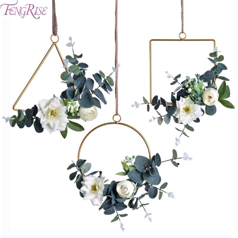 

FENGRISE Nordic style Geometric Metal Hoop Wreath Artificial Flower Garland Frame Wedding Decoration Birthday Party Wall Hanging, Metal wreath 01