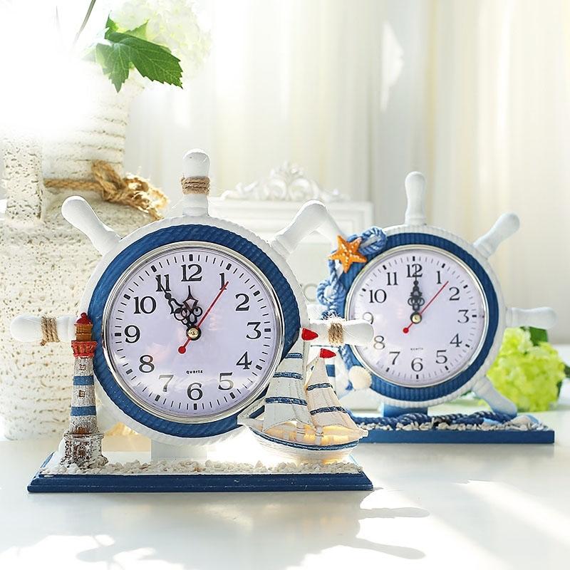 

European Mediterranean Sailboat Lighthouse Rubber Decorative Desk Clock Mute Movement Clocks Living Room Bedroom for Children
