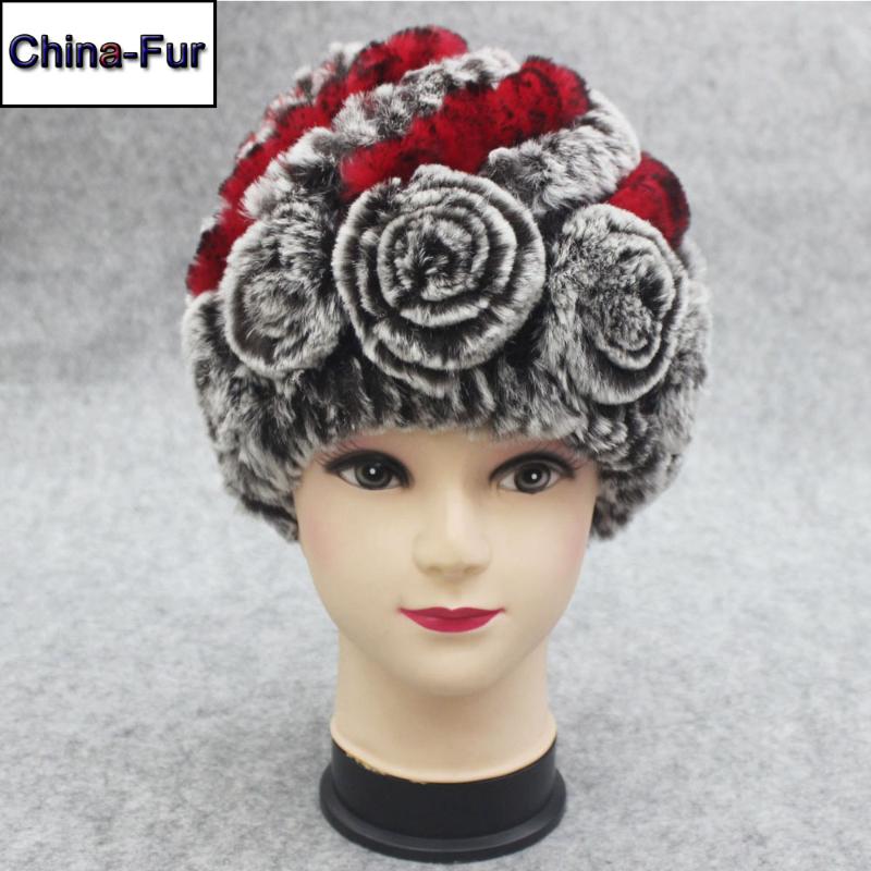 

New Women 100% Genuine Knitted Rex Fur Hat Winter Knit Flower Cap Women Real Rex Fur Beanies Hats Wholesale Retail, Coffee white