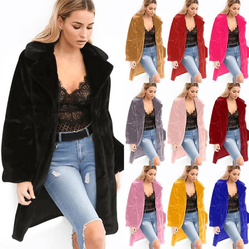 

CHAMSGEND Coats Fashion Women Autumn Winter Solid Medium Long Windbreaker Lapel Warm Plush Jackets Imitation Fur Coat 19Sep25, Bk