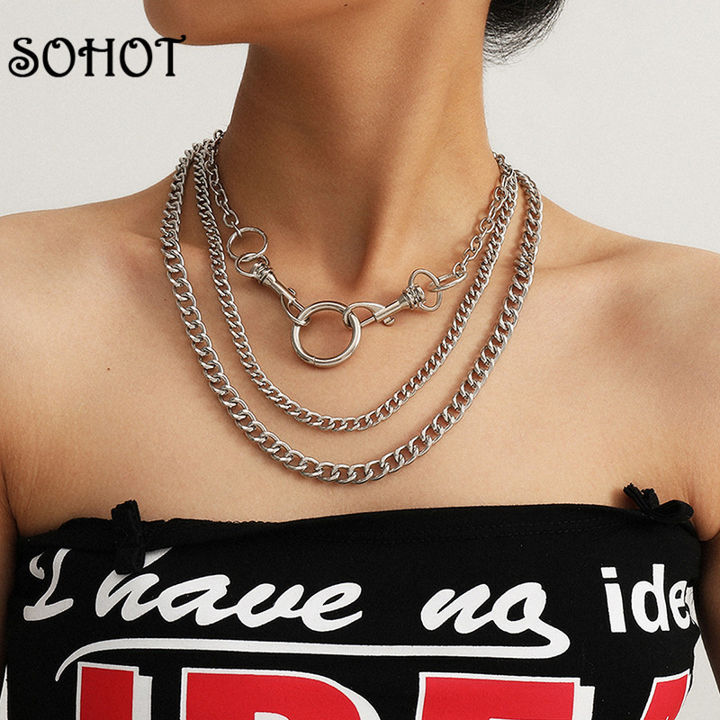 

SOHOT Wide Exaggerated Punk Alloy Multilayer Chain Women Choker Necklace Chic Silver Color Charming Female Party Jewelry