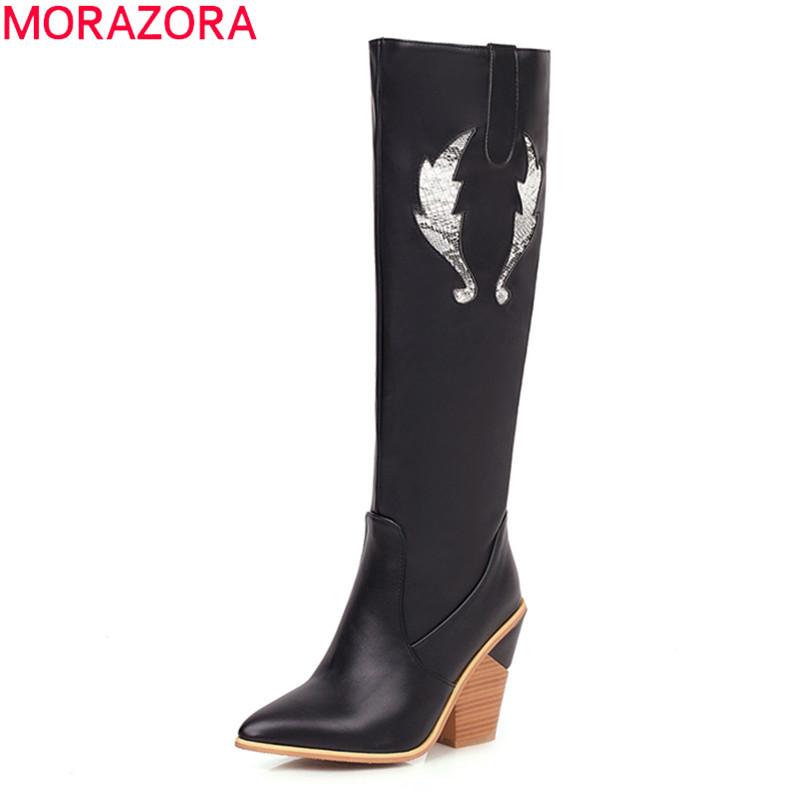 

MORAZORA 2020 New hot sale fashion knee high boots pointed toe thick high heels ladies shoes black white winter women boots