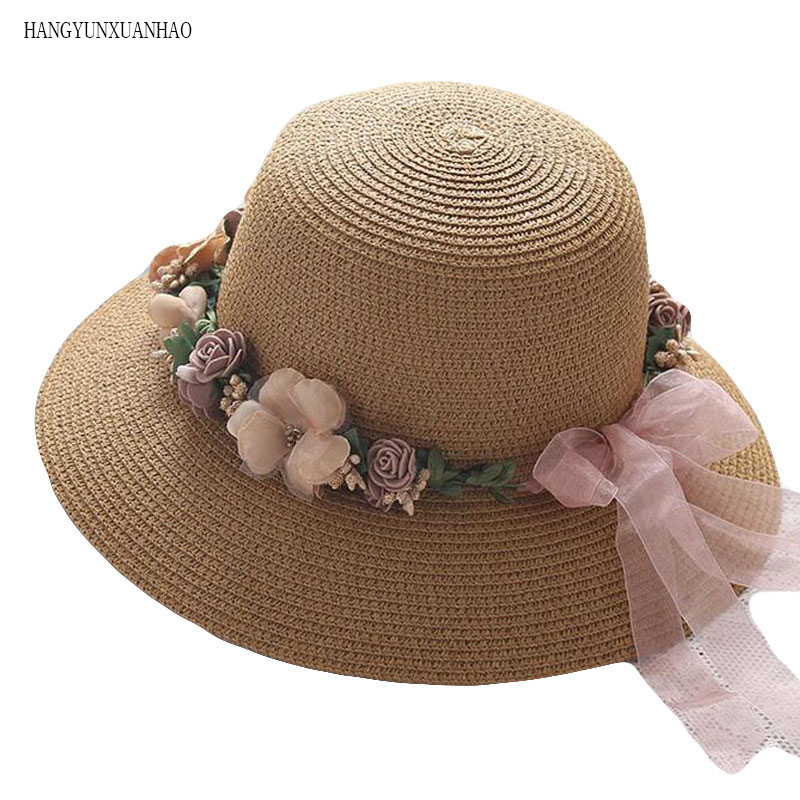 

2020 Hot Sale Korean Straw Sun Hats For Women Cap Anti-UV Beach Summer Floppy Cap For Ladies Flower Straw Hat With A Wide Brim, Khaki