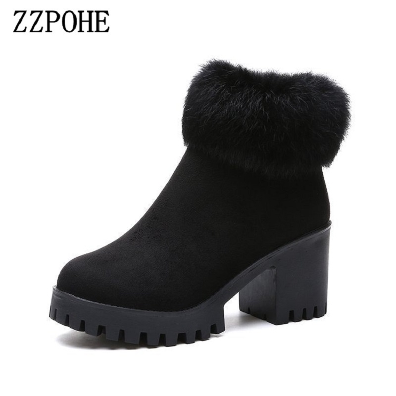 

ZZPOHE 2020 winter new thick with lace ladies cotton boots plush plus velvet warm snow boots round toe high heel, Black