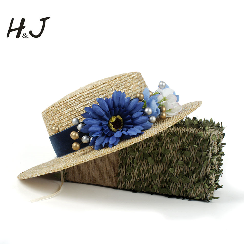 

Fashion Sun Hat 100% Wheat Straw Women Summer Flat Sunbonnet Boater Beach Hat With Blue Flower Dropshipping Size 56-58CM, Straw-dark blue
