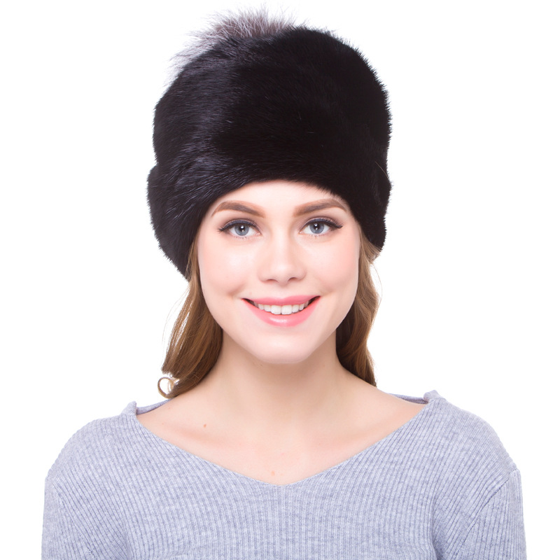 

Luxury Russian Women Wholeskin Skullies Beanies Hats Fur Pom Winter Lady Caps Fashion Headgear LF5098, Black