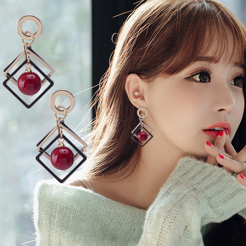 

MOONROCY Crystal Earrings Fashion Women's Rose Gold Color Red ball earrings square two sides earring for Women Dropshipping