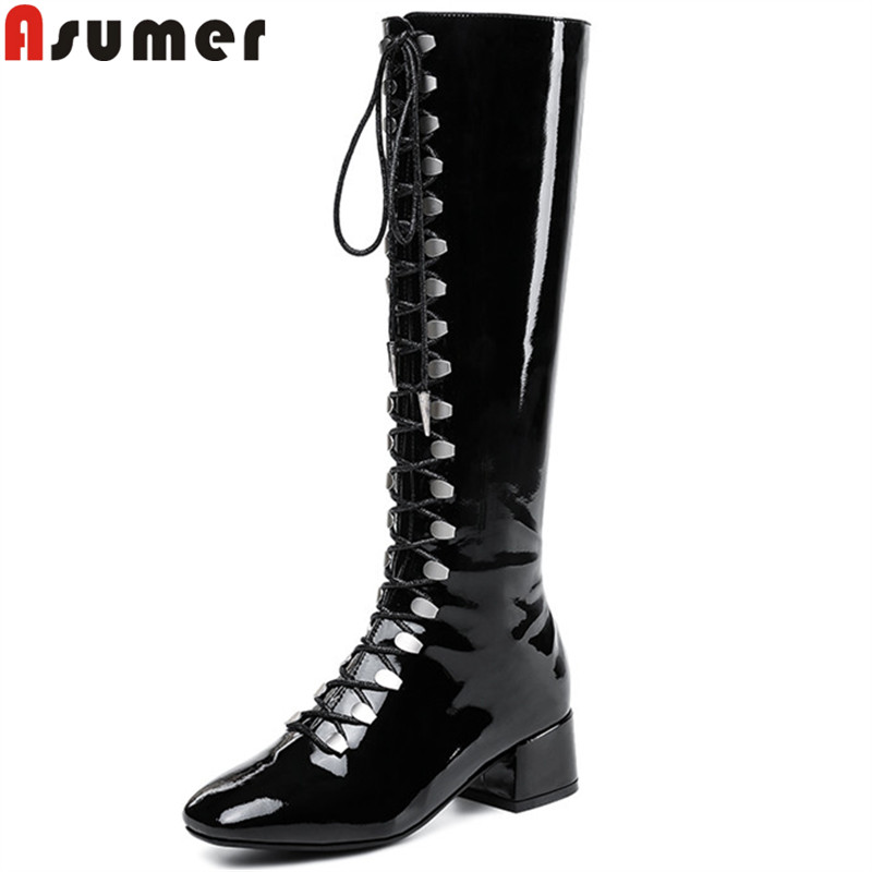 

ASUMER big size 34-43 fashion knee high boots square toe lace up autumn winter boots cross tied ladies motorcycles women, Black