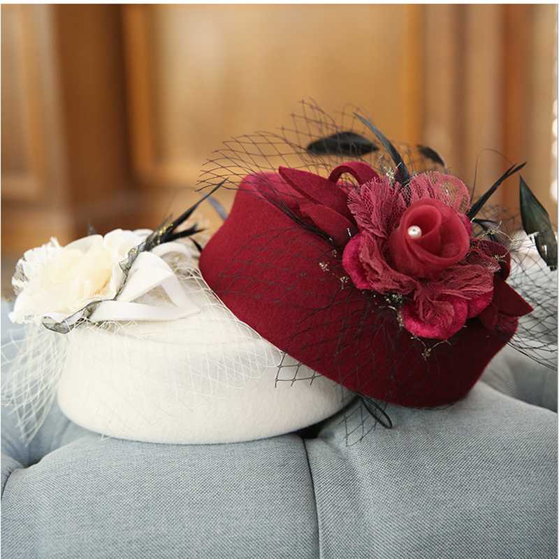 

Winter Embroidered Veil Cotton Felt Pillbox Hats For Formal Cocktail Party Fascinator Hats For Women Wedding Hat Fedoras LM042, Black