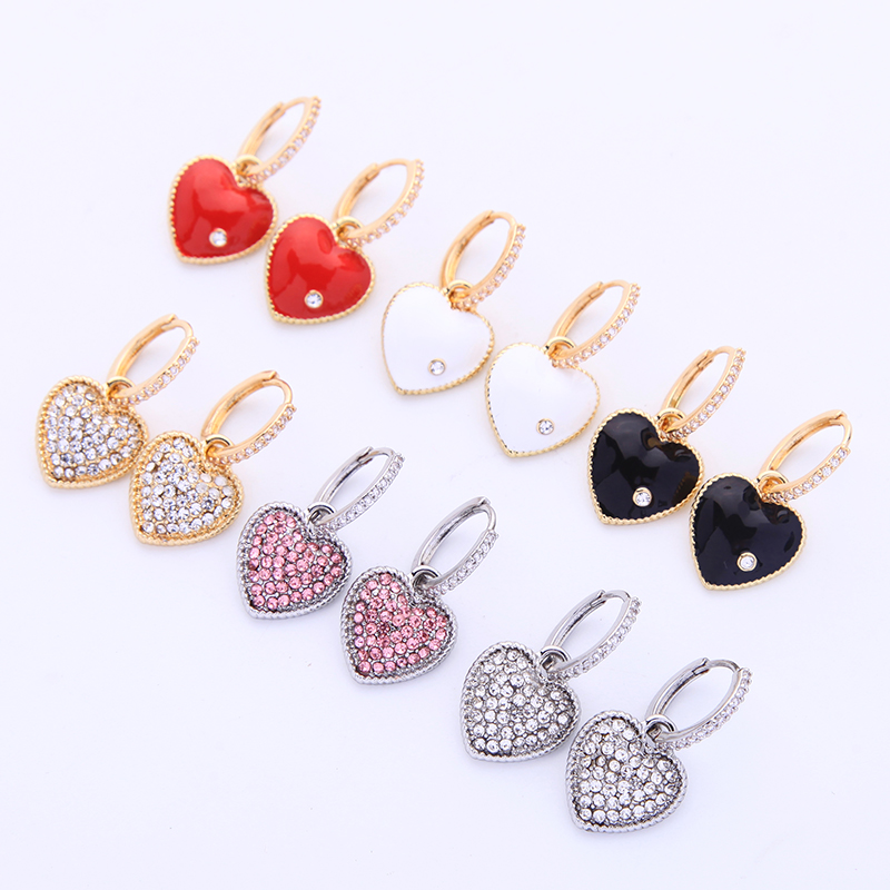 

Gold/Rhodium Color Hoop Earrings Crystal Heart Romantic Women Jewelry Red/Black Enamel Earrings New arrival