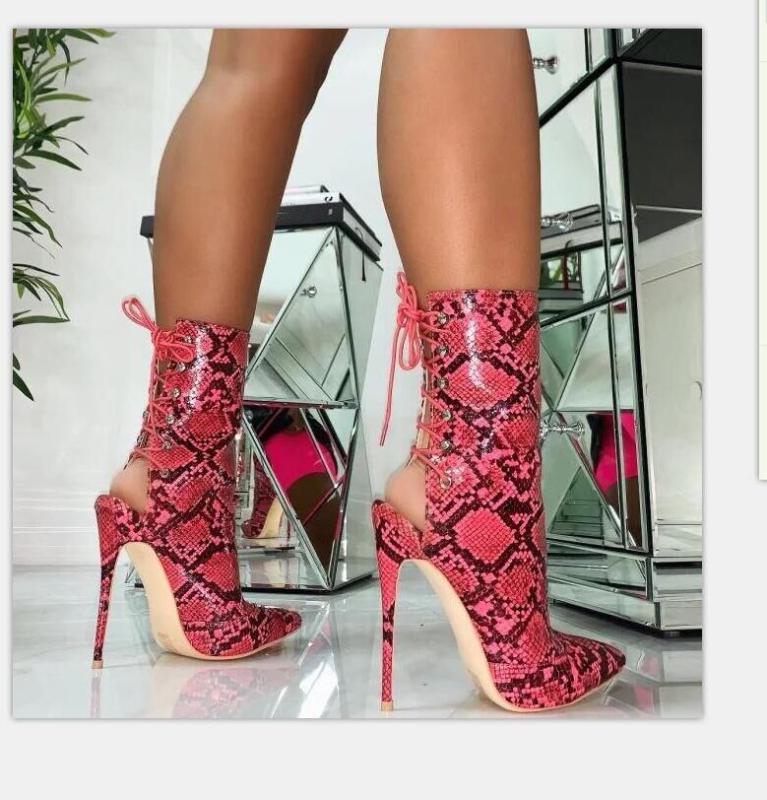 

European and American foreign trade snake pattern 2020 new back strap super high heel thin heel boots, Black