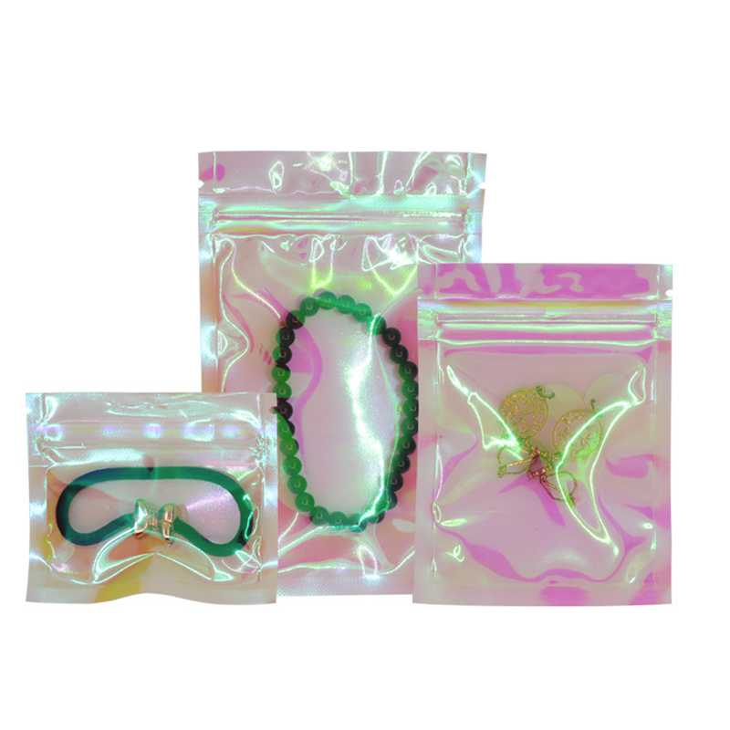 

100 Pcs Iridescent Bags Pouches Cosmetic Plastic Laser Iridescent Bags Holographic Makeup Hologram Zipper