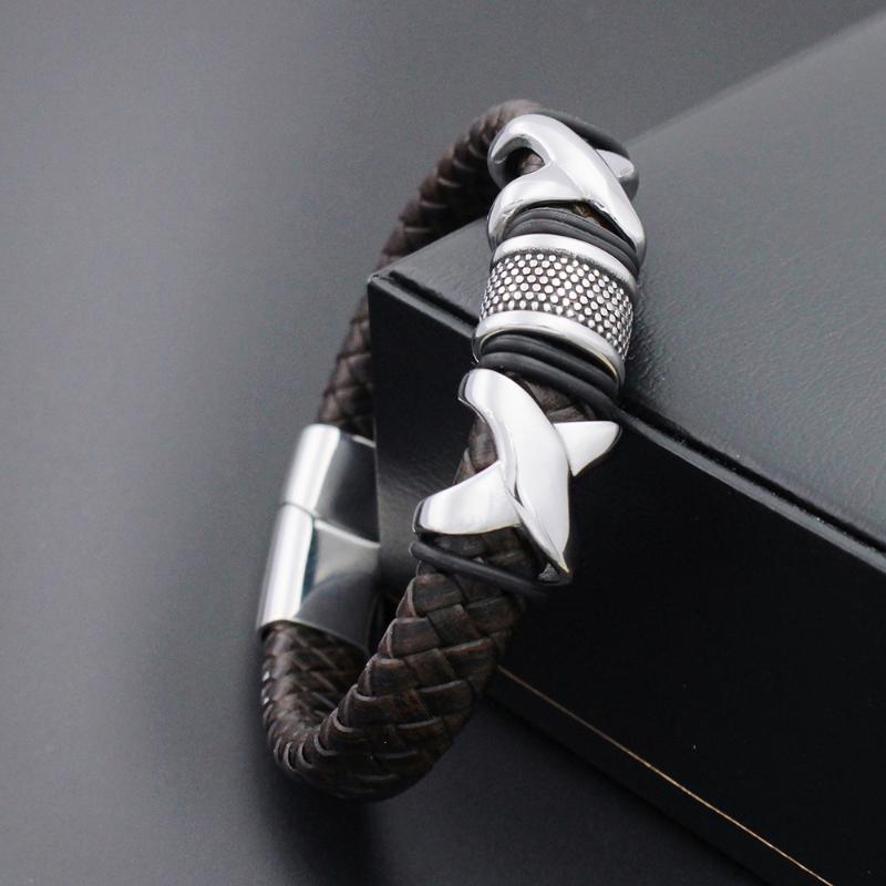 

Genuine Leather 12MM Wide Braided Retro Bracelet For Men Stainless steel X Bead Bracelets with Magnet Clasp