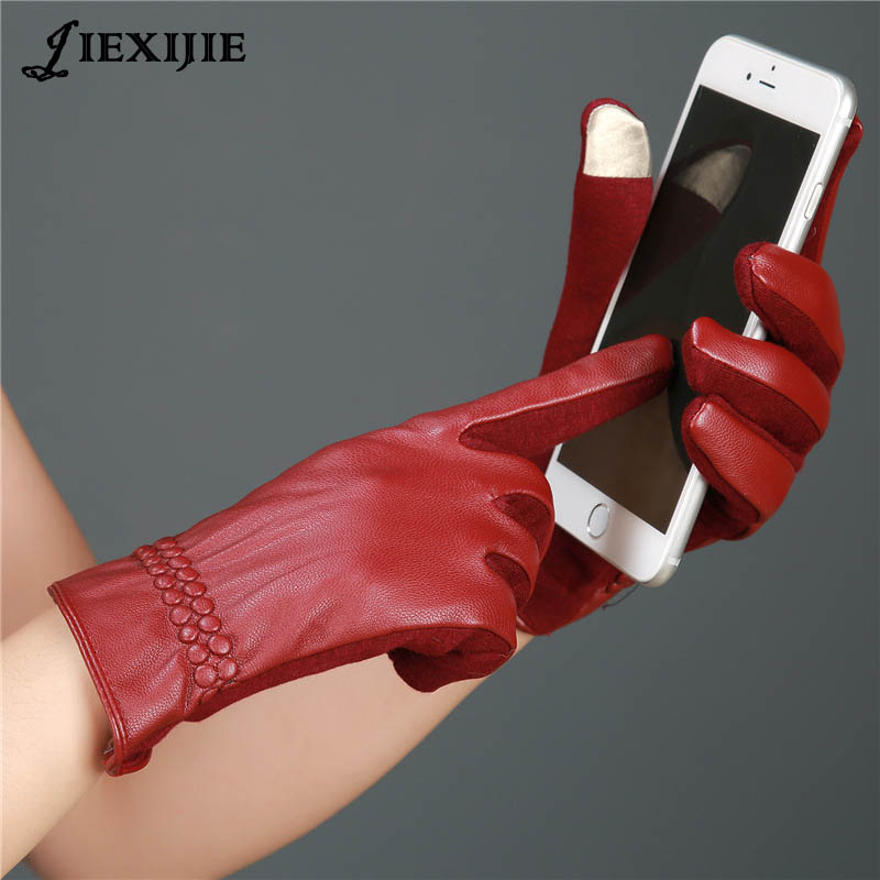 

Five Fingers Gloves Elegent Women Luxury Design PU Leather Warm Suit For Outdoors With Bowknot