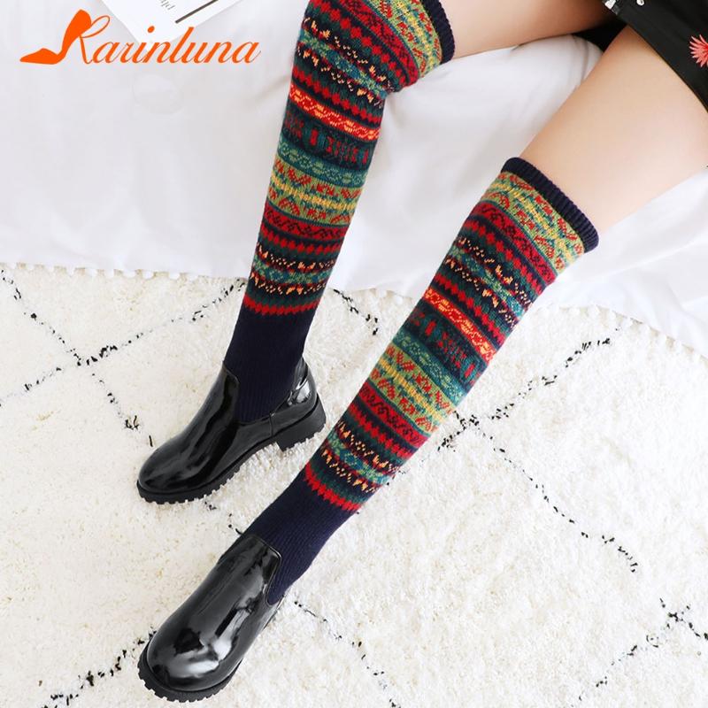 

Top Quality Brand New Shoes Woman Casual Over-the-knee Mixed Color Knitting Patchwork Slip-On Square Heels Female Sock Boots, Black flock
