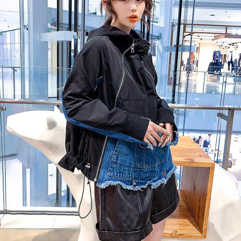 

Korea Women Coat Irregular Denim Patchwork Short Coats Jackets Women Color Matching Casual Loose Irregular Coats 2020 New HZVH, Black