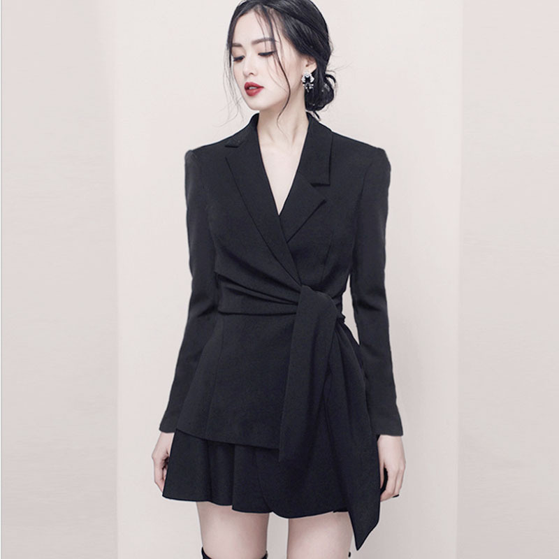 

Fashion Women Skirt Suits Lace Up Notched Slim Blazer Jackets and Mini Skirts Two Pieces Blazer Skirt Set Female Outfit 2020, Black