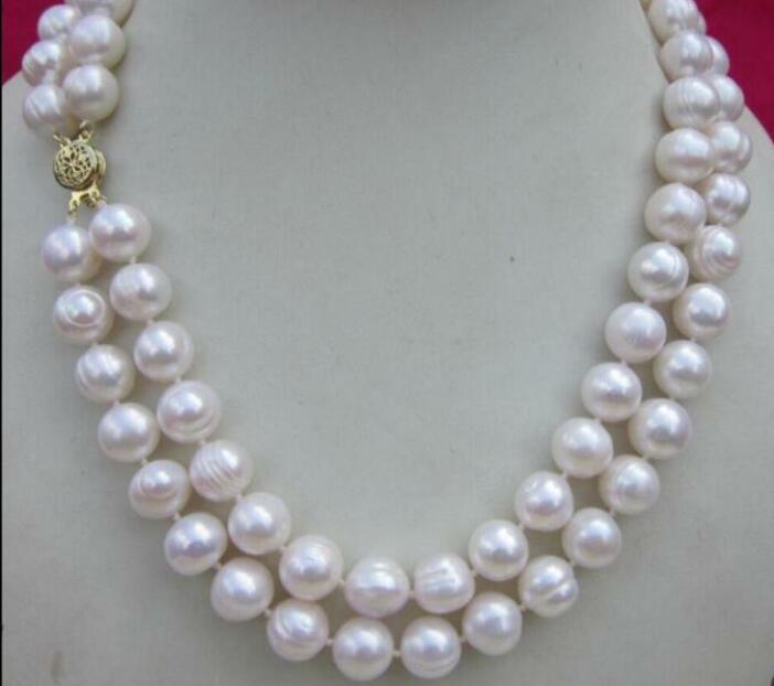 

Double strands 9-10mm natural white pearl necklace 17-18