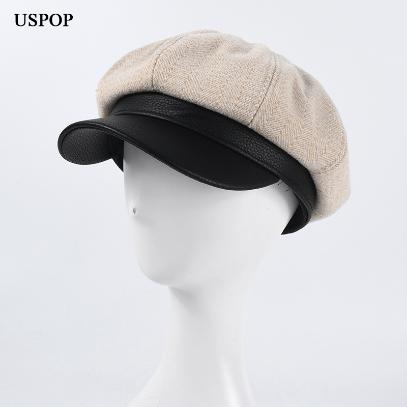 

USPOP 2020 New octagonal caps women wool hats caps thick warm for winter newsboy, Beige