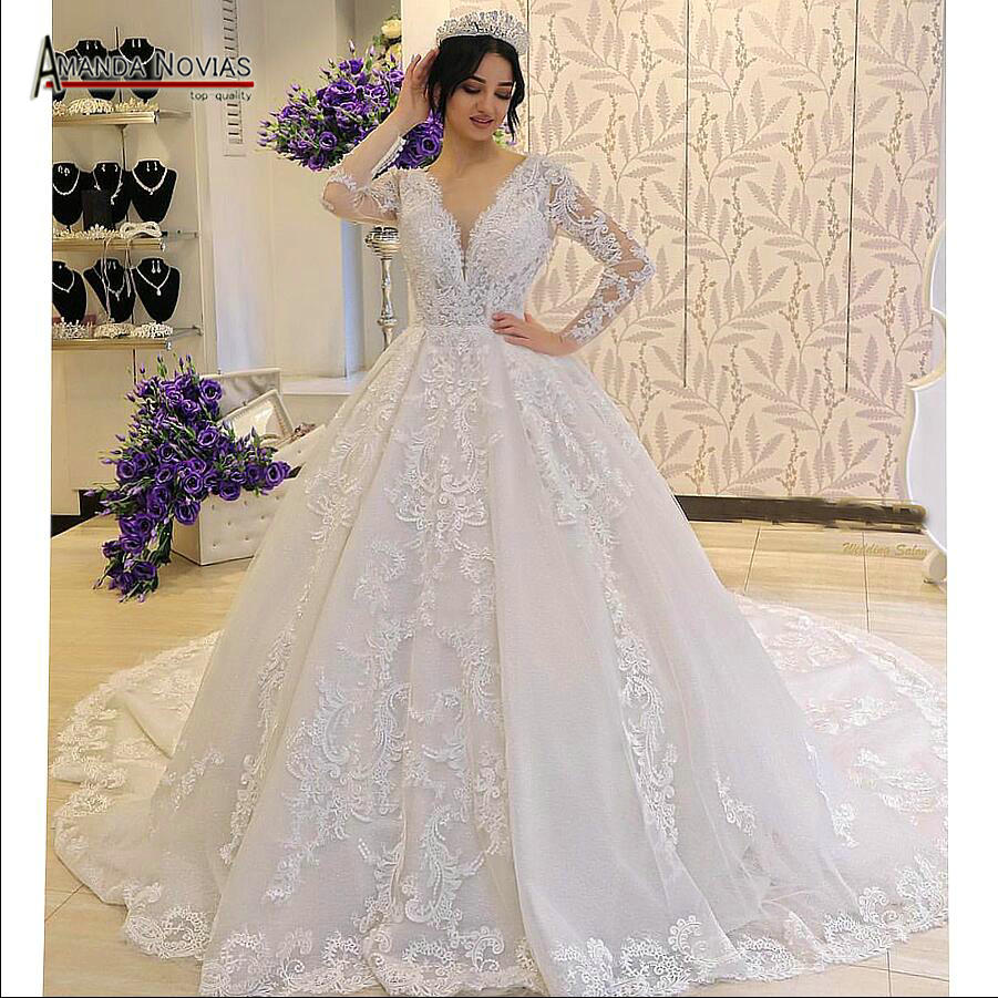 

robe de soiree full lace long sleeves wedding dress with nice back amanda novias, Picture champagne