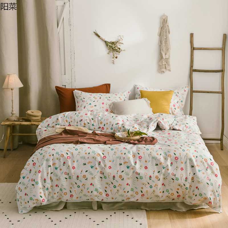 

Korean 100%cotton flowers bedding set Small floral Gray bedspread embroidered lace set Luxury princess printed quilt cover