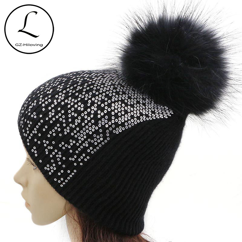 

GZHILOVINGL New Black Warm Skullies Thick Knitted Wool Sequin Ski Beanies Cap Women Winter Autumn Fluffy Fur Pom Pom Beanie Hats, White