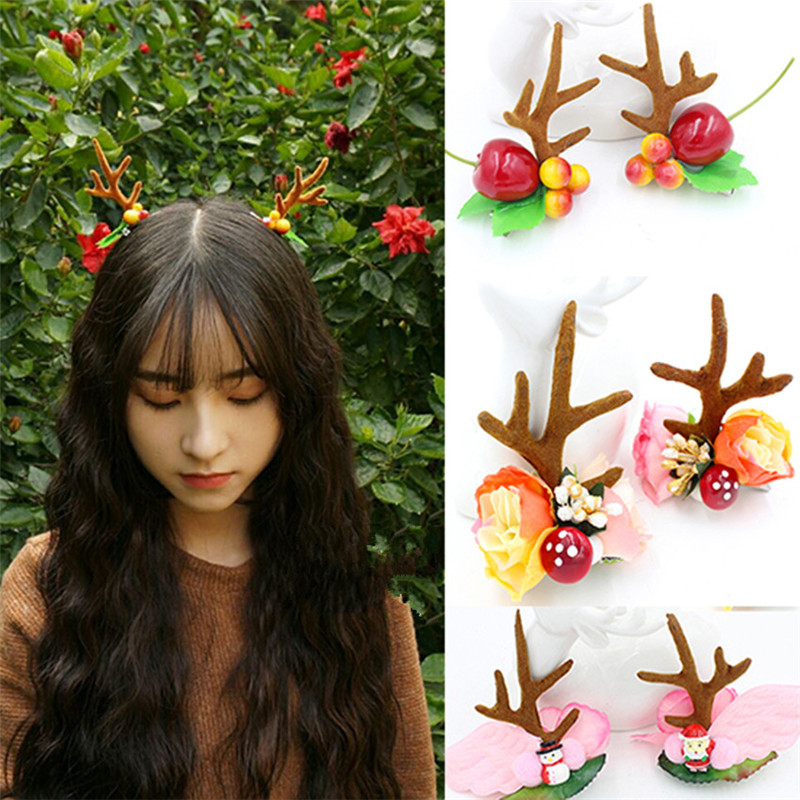 

Christmas Deer Horn Hair Hoop Accessories Sweet Young Girl Flower Fruit Berry Santa Claus Barrettes Cosplay Headwear props