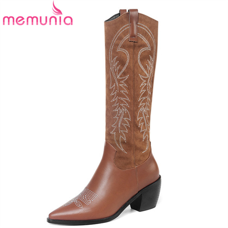 

MEMUNIA 2020 new arrival knee high boots women pointed toe slip on cowboy european western boots square high heels shoes woman, Black