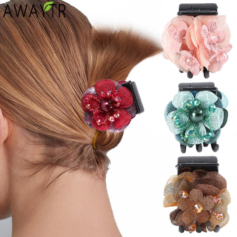

Girls Flowers Hair Pearl Crystal Hairpins Fabric Hair Clips Claw Accessories Jewelry Womens Crab Barrettes Hairbands