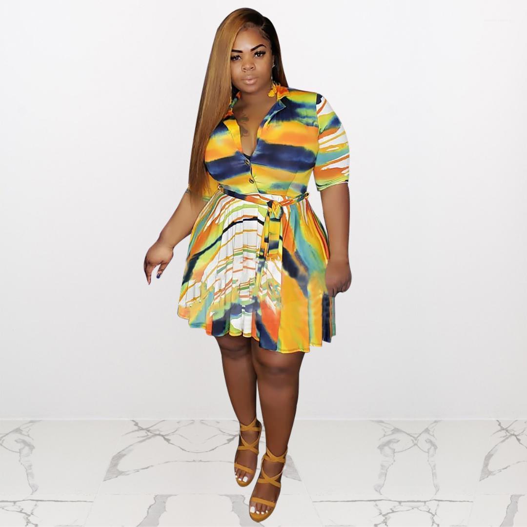 Woman Summer Plus Size Lapel Neck Sashed Dresses Women Designer Fashion Clothes Womens 4XL Colourful Striped Dress-image-586300493