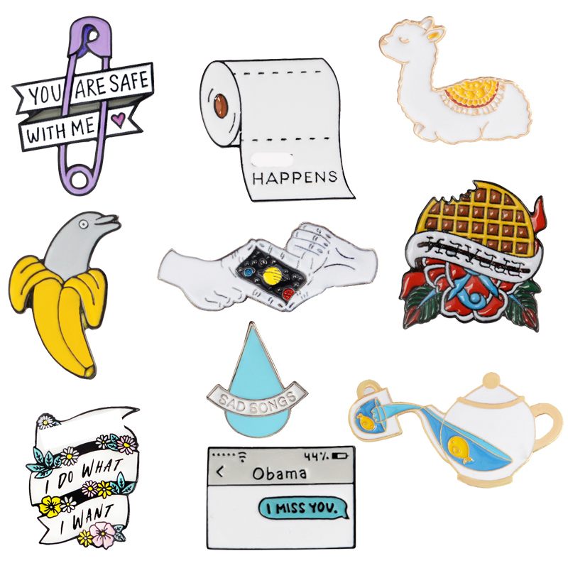

Animal Pins Waffles Text message Roll paper Safety Brooches Alpaca Dolphin Starry sky Badges Enamel Lapel Pins collection Brooch