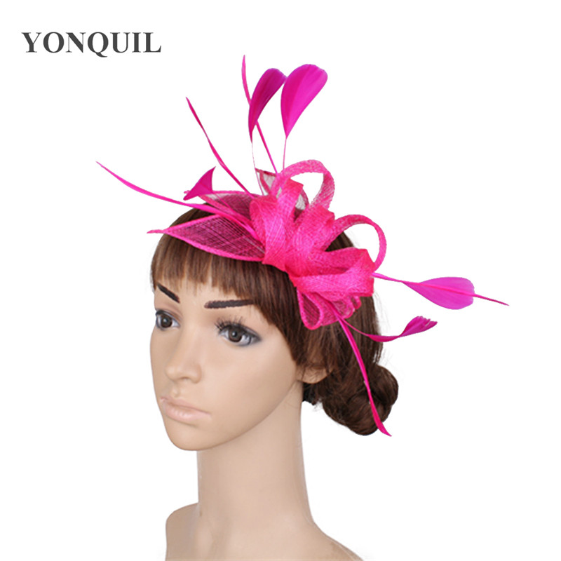 

Hot pink wedding women fascinator hair accessories formal dress cocktail nice fedora hats elegant female headwear with feathers, White
