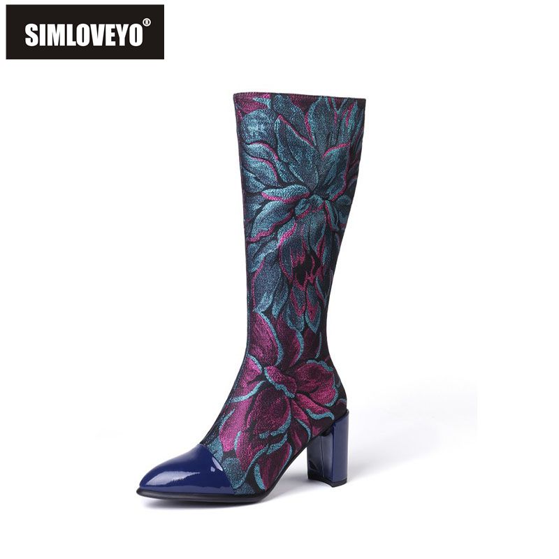 

SIMLOVEYO Full Grain Leather Knee High Boots Embroidered Pointed Toe Zip Square Heel Warm Plush Big Size 34-43 Black Green, Blue