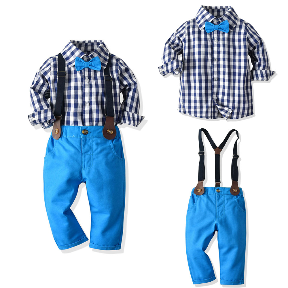 

Children's autumn long-sleeved plaid shirt bow tie bib three-piece suit set casual gentleman boy dress 0-6 years old, Red