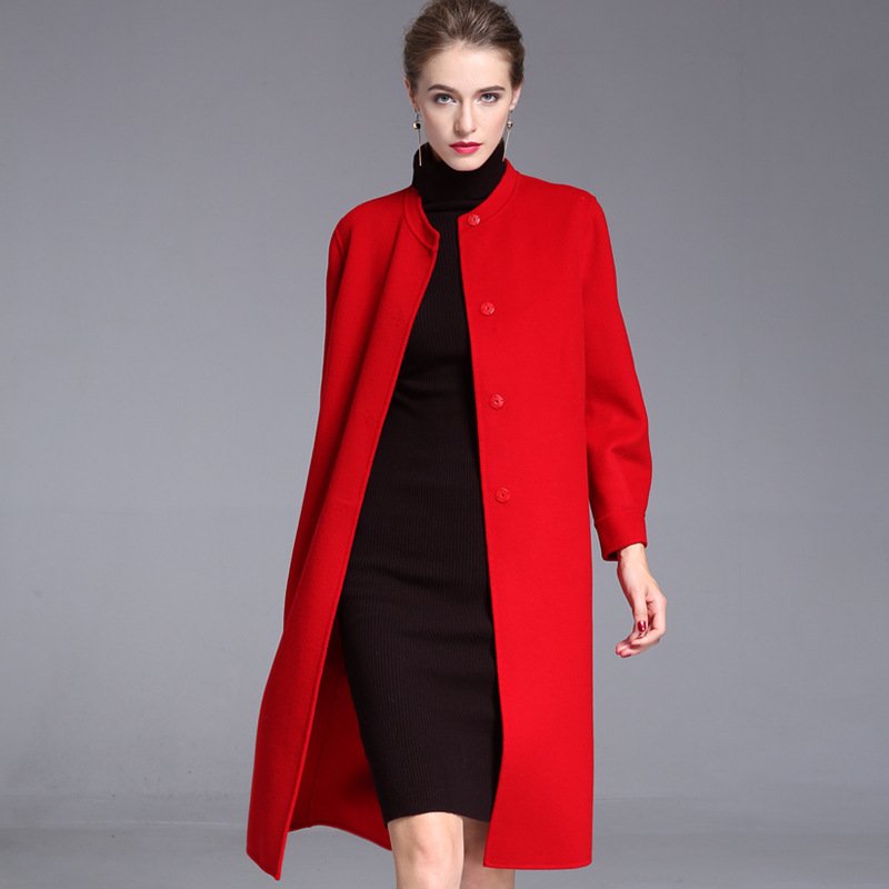

long woolen blends cashmere coats for women 2020 autumn winter ladies jackets plus size overcoat double sided red fashion, Black