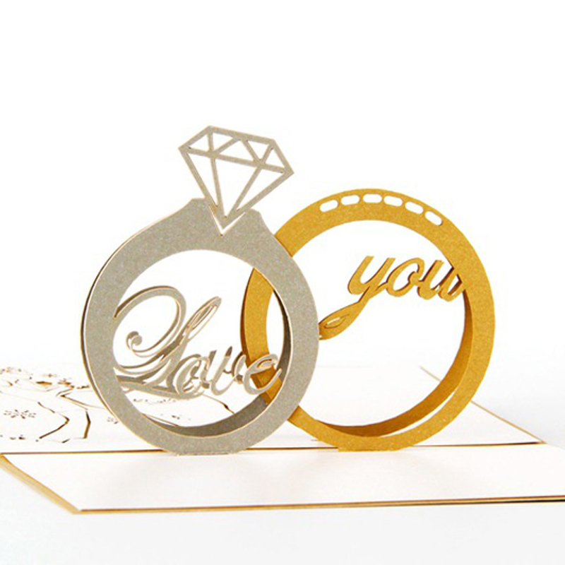 

10 pieces/lot) Gold Diamond Couple Ring Wedding Postcard Handmade 3D Kirigami UP Greeting Cards For Valentine Day C1017G