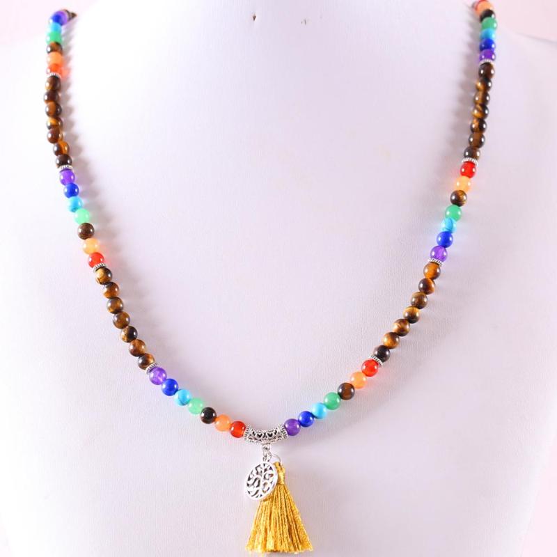

Charm Women Long Bracelet Natural Mala Gem Stone Round Bead Tassel 7 Chakra Tiger Eye Reiki Boho Necklace 27" H071