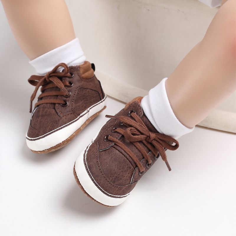 

Infant Baby Boys High Top Faux Leather Sneakers Solid Color Lace Up Anti-Slip Soft Sole Toddler First Walkers Crib Shoes -18M, Brown