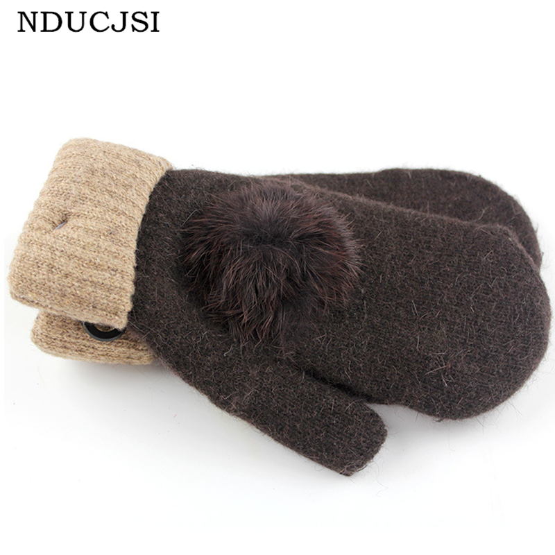

NDUCJSI 2020 Adult Winter Wool Ladies Warm Wrist Gloves Women Fashion Ball Double Thickened With Patchwork Knitted Gloves