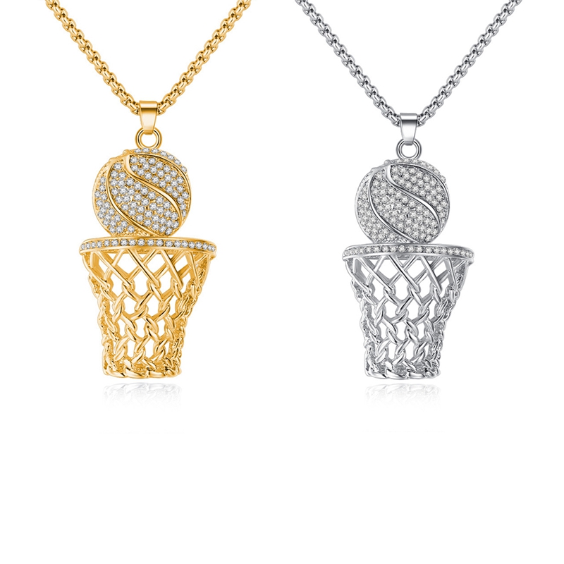 

Hiphop Basketball & Hoop Necklace For Men Fashion Clear Zircon Gold/Silver Color Pendant Long Chain Necklace Party Gifts