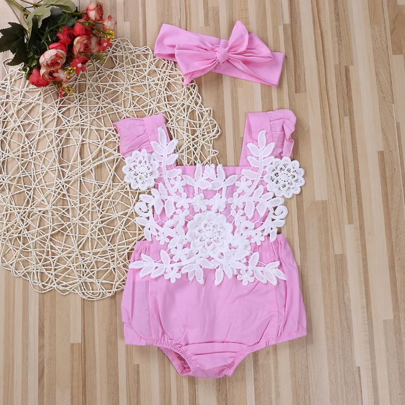 

Newborn Baby Girl Romper Lace Floral Jumpsuit + Headband Outfits Set Clothes, Pink