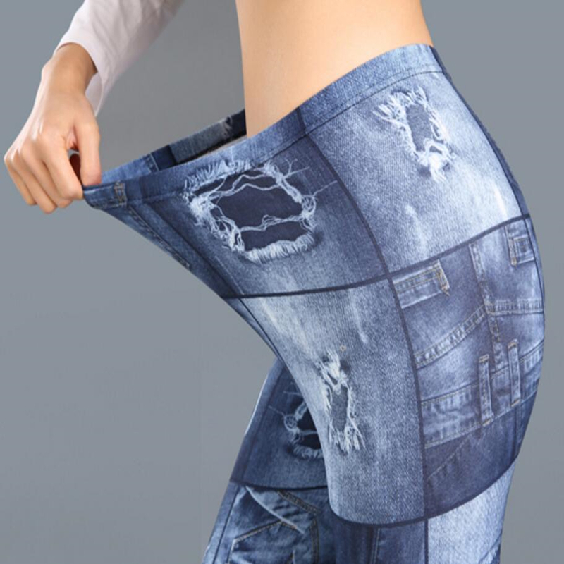 

High Waist Pants Fitness Legging Female Print Faux Denim Hole Trousers Gradient Blue Womens Casual Plus Size Leggings, Gradient dark gray
