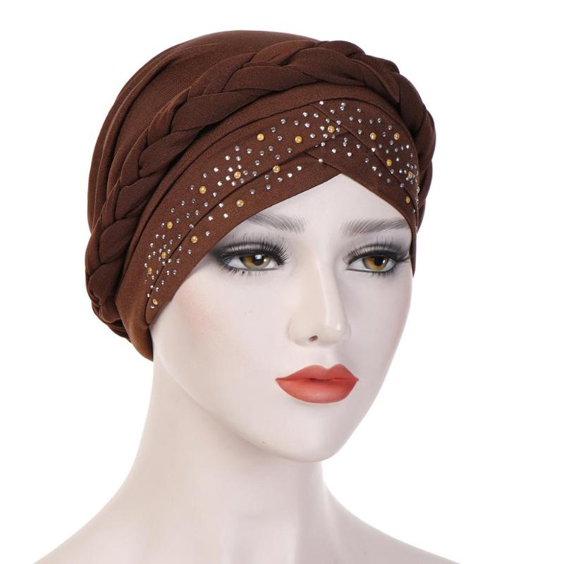 

Fashion women turban Muslim head wrap soft hair bonnet cap solid color single braid point-drill hair accessories TB-06C, Black