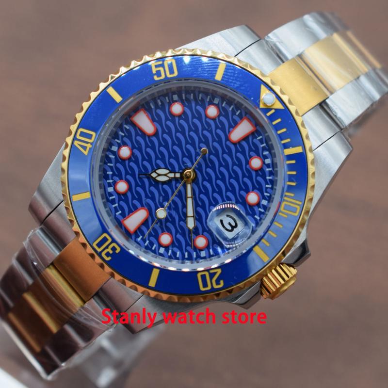 

Luxury bliger 40mm blue sterile dial ceramic bezel luminous sapphire glass gold plated stainless automatic movement men's watch, Mingzhu 2813