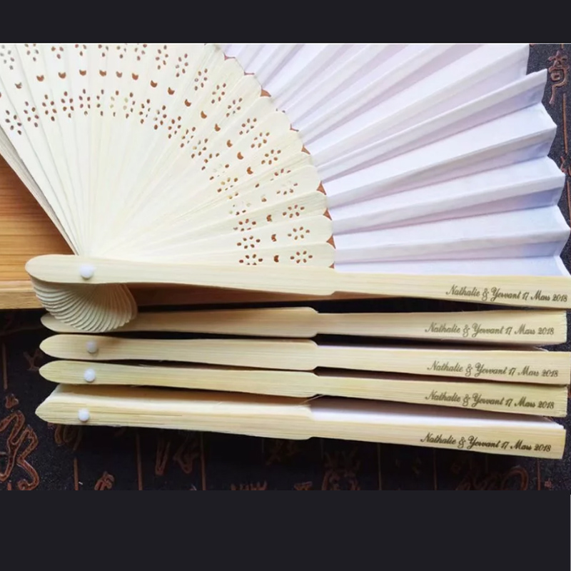 

150pcs/lot Customized Printing Hand Fans Spun Silk Wedding Fans +Laser-Cut Gift Box Wedding Gifts